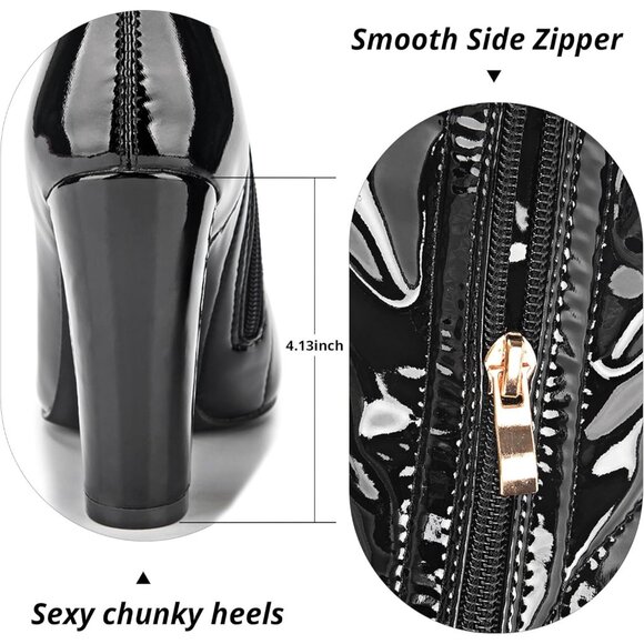 Women Black Chunky Heel Over The Knee Boots Patent Leather PU Stretchy Tall Boot - Picture 4 of 7